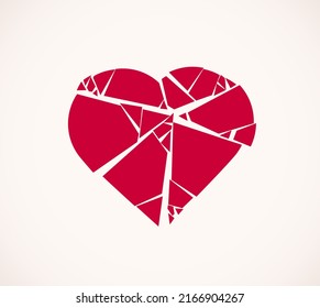 Heart broken to pieces like a glass vector logo or icon, broken heart concept, breakup or divorce, heartbreak regret, separated couple, tragic love.