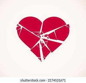 Heart broken to pieces like a glass vector logo or icon, broken heart concept, breakup or divorce, heartbreak regret, separated couple, tragic love.
