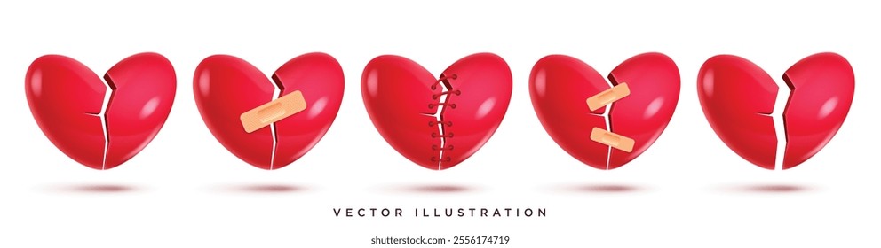 Heart broken red clipart set. Broken heart shape 3d icon collection with wound, plaster, stitches, bandage and fractured graphic love elements. Vector illustration red shape pain symbol.  
