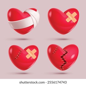 Heart broken red icon clipart set. Broken heart shape 3d love clip art with wound, plaster, stitches, bandage, fractured and fix graphic elements collection. Vector illustration broke icon symbol. 
