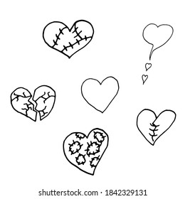 Heart broken set of vector illustrations. Doodle style icons. Heart with seams, patches, cracks, a whole heart, thoughts in love.