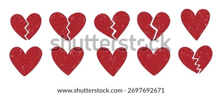 heart and broken heart sketch doodle hand drawn brush textured set. red hearts with texture. Vector illustration