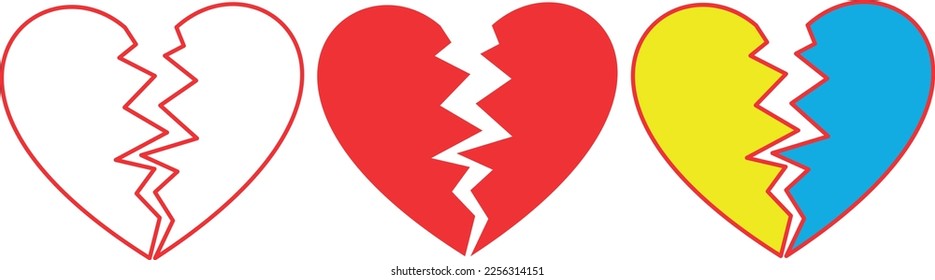 The heart is broken, split in half. Simple illustration of red, yellow and blue colors