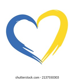 Heart with brush stroke elements, Ukrainian flag colors. Emblem, icon. Glory to Ukraine. Vector illustration.
