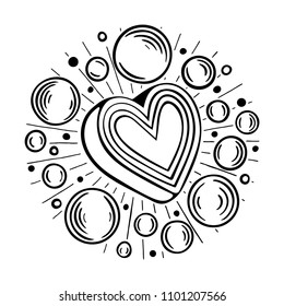 Heart. Heart, bubbles and rays hand drawn vector illustration.