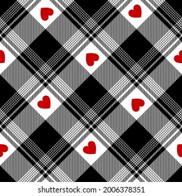 Heart buffalo check plaid pattern for Valentines Day in black, red, white. Seamless ombre tartan plaid vector for spring summer autumn winter tablecloth, picnic blanket, other modern fashion print.