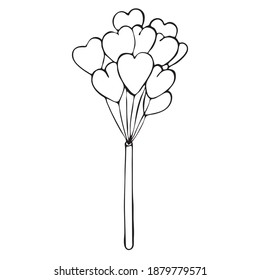 Heart in a bunch of balloons. Vector black and white illustration. Vintage heart on stick and ribbons on white background for valentines, women, mothers day greeting cards graphic design