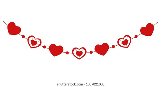 Heart bunting isolated on white background. Garland for Valentine day party, wedding, romantic date. Decoration with heart shaped flags for banners, greeting cards and invitations. Vector illustration