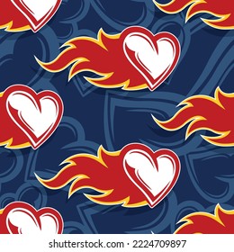 Heart burn seamless pattern design with love heart and fire flame vector art graphic for print, Valentine's day wrapping paper, postcard, wallpaper and textile