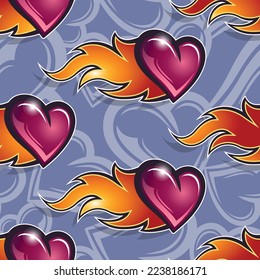 Heart burn seamless pattern design with love heart and fire flame vector art graphic for print, Valentine's day wrapping paper, postcard, wallpaper and textile design.
