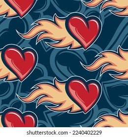 Heart burn seamless pattern design with love heart and fire flame vector art graphic for print, Valentine's day wrapping paper, postcard, wallpaper and textile design.