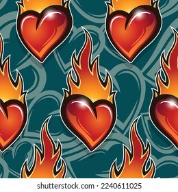 Heart burn seamless pattern design with love heart and fire flame vector art graphic for print, Valentine's day wrapping paper, postcard, wallpaper and textile design.