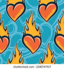 Heart burn seamless pattern design with love heart and fire flame vector art graphic for print, Valentine's day wrapping paper, postcard, wallpaper and textile design.
