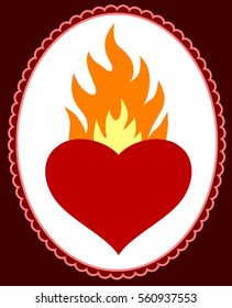 Heart burning fire in a beautiful frame. Figure in the style of Old School Tattoos