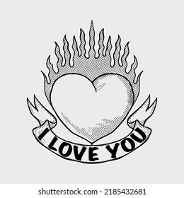 Heart Burning I Love You Doodle Black And White Illustration Hand Drawn Vector 