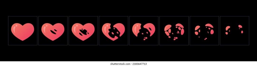 Heart Burst Animation Sprite Sheet, Explosion Of A Heart. Heart Effect For Game, Cartoon Motion Design. Vector Illustration Art.