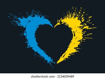 Herzsprengeffekt mit der ukrainischen Fahne mit zusätzlicher Herzform im negativen Raum, der die Stärke und Entschlossenheit des ukrainischen Volkes und die Liebe und Unterstützung für sie symbolisiert.