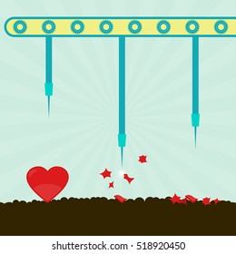 Heart bursting machine. Machine with needles exploding hearts on the soil. Concept. Metaphorical.
