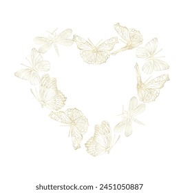 A heart with butterflies drawn around it. The butterflies are of different sizes gold foil. The heart is surrounded by the butterflies, creating a sense of unity and harmony. Valentines day frame