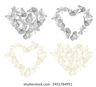 A heart with butterflies drawn around it. The butterflies are of different sizes gold foil. The heart is surrounded by the butterflies, creating a sense of unity and harmony. Valentines day frame set