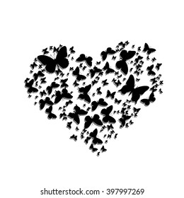 Heart of butterflies pattern on a white background for card acceptance in love, Valentine's Day Valentine's, invitation to a wedding, birthday. Beautiful summer, spring butterfly. Vector illustration