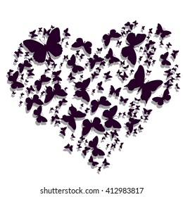 Heart of butterflies pattern on a white background for card acceptance in love, Valentine's Day Valentine's, invitation to a wedding, birthday. Beautiful summer, spring butterfly. Vector illustration