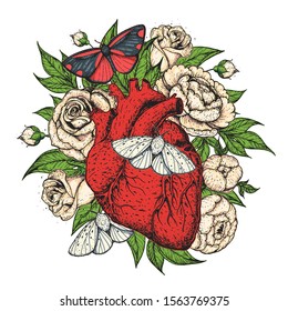 Heart, butterfly and flower hand drawn. Vintage vector illustration. Anatomical floral heart. Isolated colorful illustration. Vintage print.