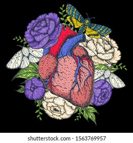 Heart, butterfly and flower hand drawn. Vintage vector illustration. Anatomical floral heart. Isolated colorful illustration. Vintage print.
