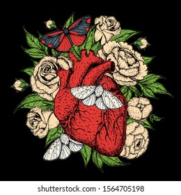 Heart, butterfly and flower hand drawn. Vintage vector illustration. Anatomical floral heart. Isolated colorful illustration. Vintage print.