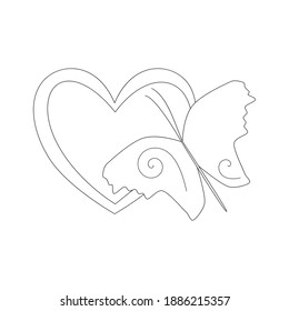 Heart and Butterfly, simple outline stencil. Black and white linear icon. The symbol of love and beauty. Design element for illustrations for Valentine's Day. Hand-drawn vector. For stencils, tattoo.