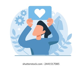 heart button concept. Vector of a woman with love symbol. Feedback or evaluation on social networks.