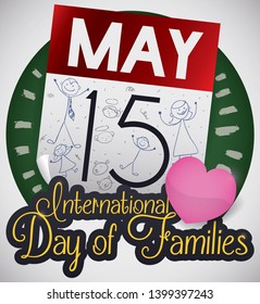 Heart, button with loose-leaf calendar and cute doodle drawing in it with family members: mom, dad, brother, sister, pets and deceased grandpa and grandma to celebrate International Day of Families.