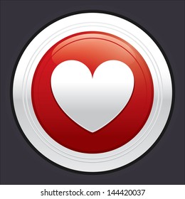 Heart button for Valentine day. Vector red round love sticker. Metallic icon with gradient.