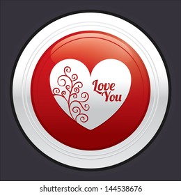 Heart button. Vector red round love sticker. Icon with floral pattern.