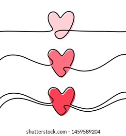 Heart by continuous line. Set of three outline hearts. Love concept design element for wedding and Valentines day cards, invitation, poster, banner, graphic print. Black and white Vector illustration.