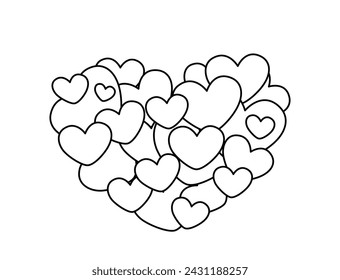 Heart by little hearts coloring page. Black and white big heart. Color me. Isolated vector illustration eps