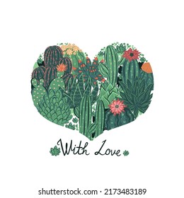 Heart from cacti isolated on white background. Vector graphics.
