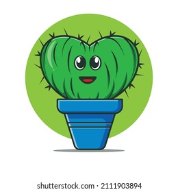 Heart cactus cartoon illustration. Cute heart shaped cactus design in plant pot. Unique design of plants for young children