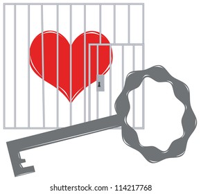 Heart in a cage under lock and key, vector illustration