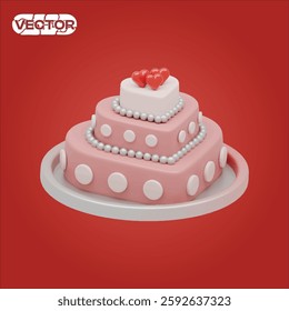 heart cake 3D vector icon set, on red background