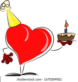 Corazón con pastel, ilustración, vector sobre fondo blanco.