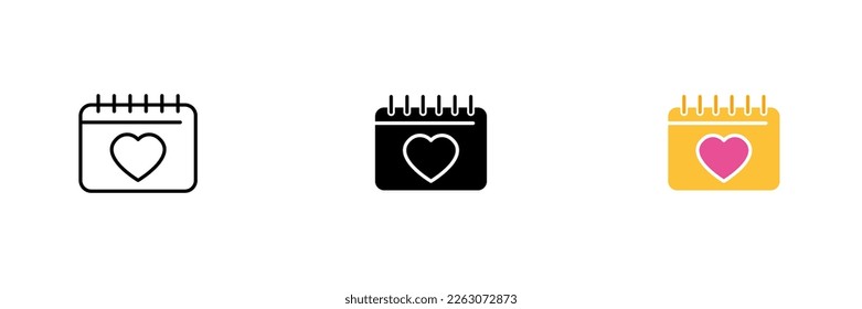 Heart calendar icon. Romantic gift, date schedule, valentine's day. Vector set of icons in line, black and colorful styles isolated on white background.