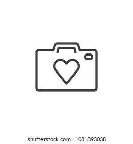 Heart camera outline icon. linear style sign for mobile concept and web design. Photo camera with heart simple line vector icon. Love photo symbol, logo illustration. Vector graphics