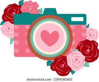 heart camera with rose bouquet vector illustration clipart element for decoration invitation greeting birthday party celebration wedding card poster banner textiles wallpaper background