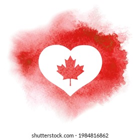 Heart with canadian maple leaf on red watercolor stain. Vector watercolor for Canada day.  Ink splash, watercolour paint blots and wet edges