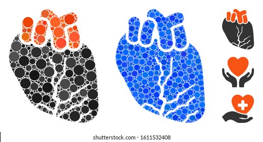 Heart cancer mosaic of circle elements in variable sizes and shades, based on heart cancer icon. Vector circle elements are composed into blue composition.