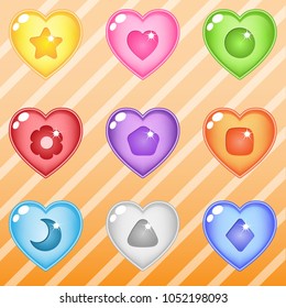 Heart candy block puzzle button glossy jelly. 2d asset for user interface GUI in mobile application or casual video game. Vector for web or game design. Decorative GUI elements, Cartoon colorful icon