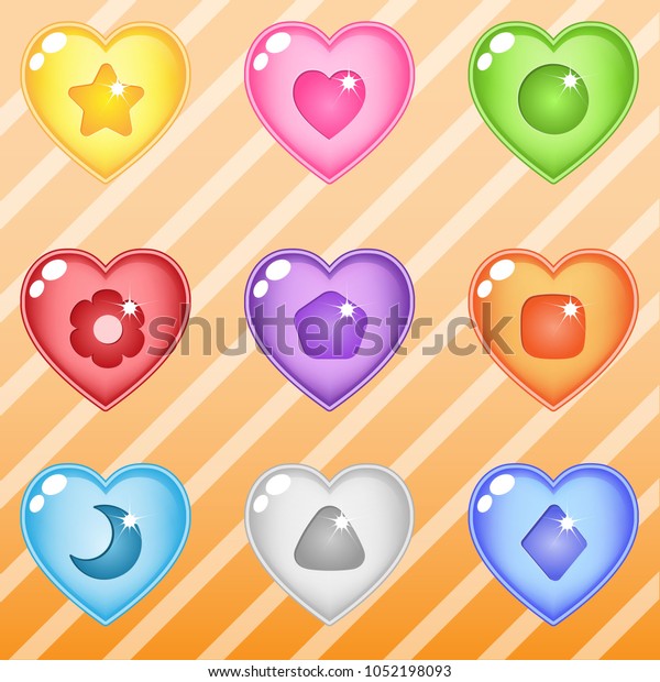 Heart candy block puzzle button glossy jelly. 2d\
asset for user interface GUI in mobile application or casual video\
game. Vector for web or game design. Decorative GUI elements,\
Cartoon colorful icon