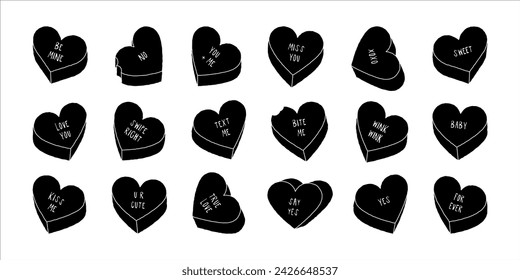 Heart candy cartoon illustration set. Cute love quote hearts collection. Valentine's day holiday doodle bundle, romantic design on isolated background. Black and white sweet with funny message.