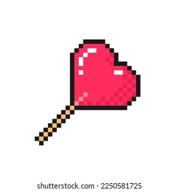 Heart candy lollipop pixel icon. Love symbol for Valentine's Day. Isolated on white background vector sign